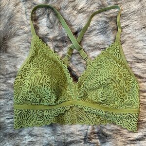 Auden Boho Olive Green Lace Lined Cross Back Adjustable Crochet Halter Bralette